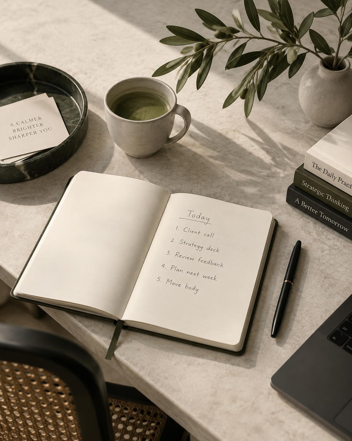 A quiet workspace with a notebook and a short priority list